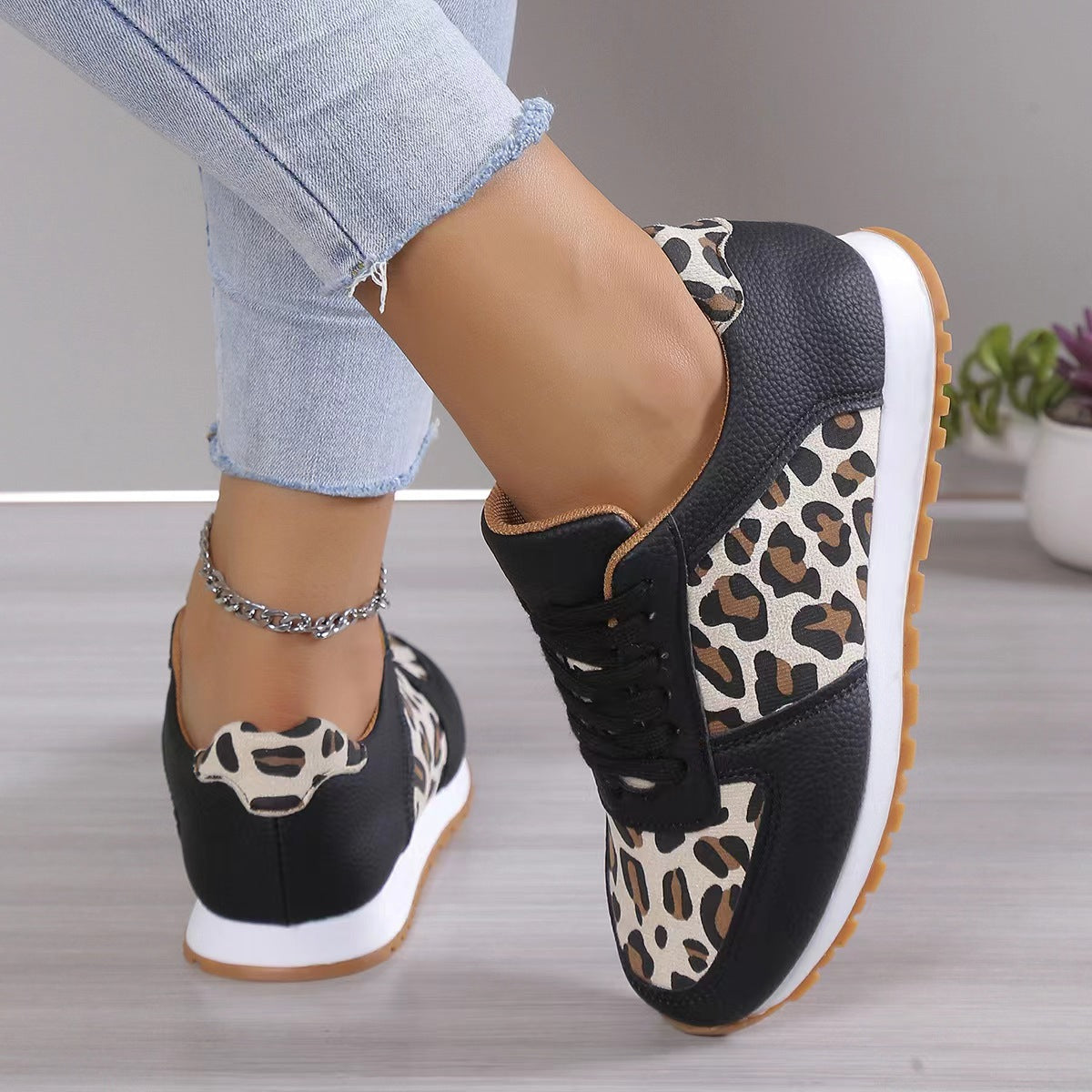 Women's Leopard Print Sneakers - Fashion Lace-Up PU Sports Shoes for Running/Walking (Non-Slip Rubber Sole, Breathable Mesh Lining)
