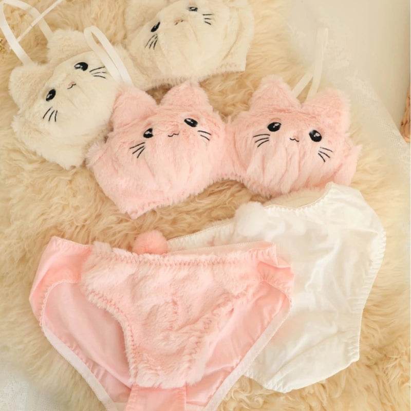 2-Piece Anime Lingerie Set – Soft Plush Bra & Panty with Cartoon Cats Design for Women & Girls