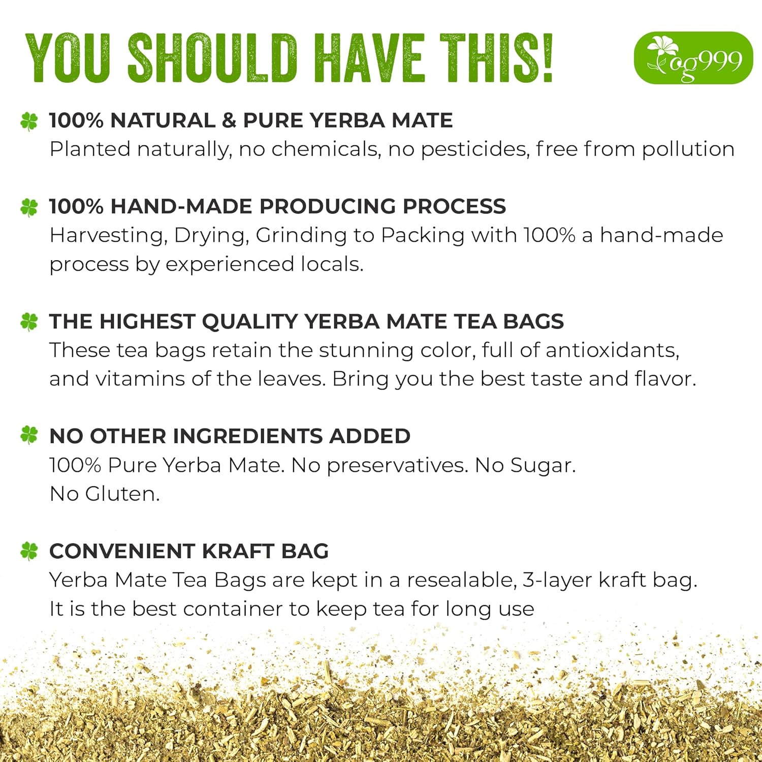 Yerba Mate Tea Bags, Hi-Caffeine, Unsmoked Yerba Mate Tea Bags, Super-Green Yerba Mate, No Dust