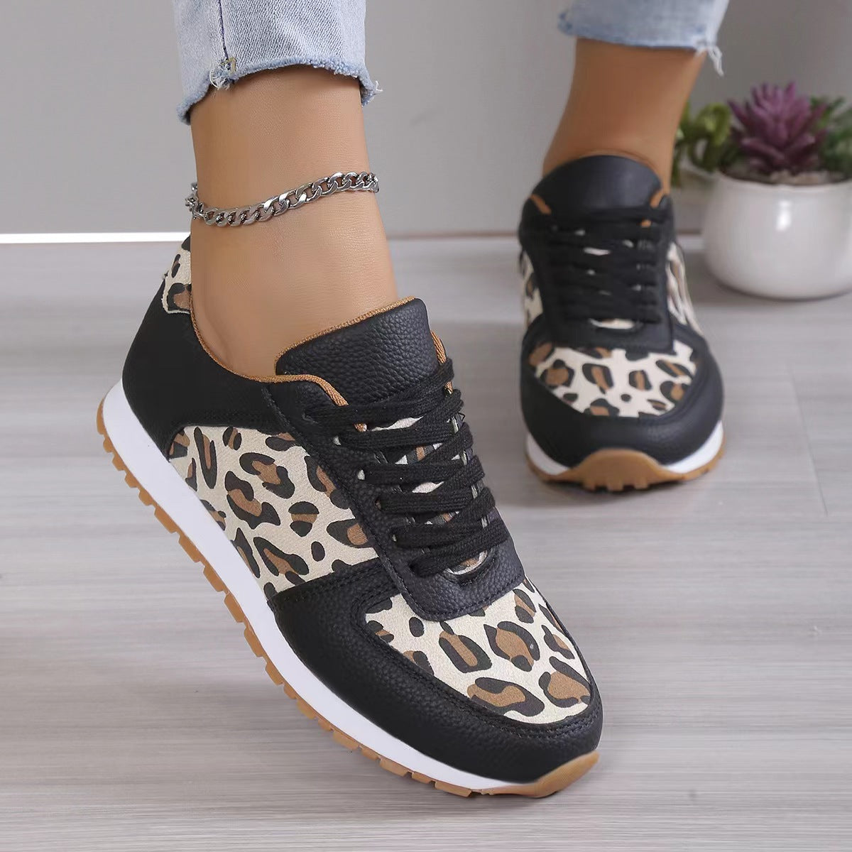 Women's Leopard Print Sneakers - Fashion Lace-Up PU Sports Shoes for Running/Walking (Non-Slip Rubber Sole, Breathable Mesh Lining)