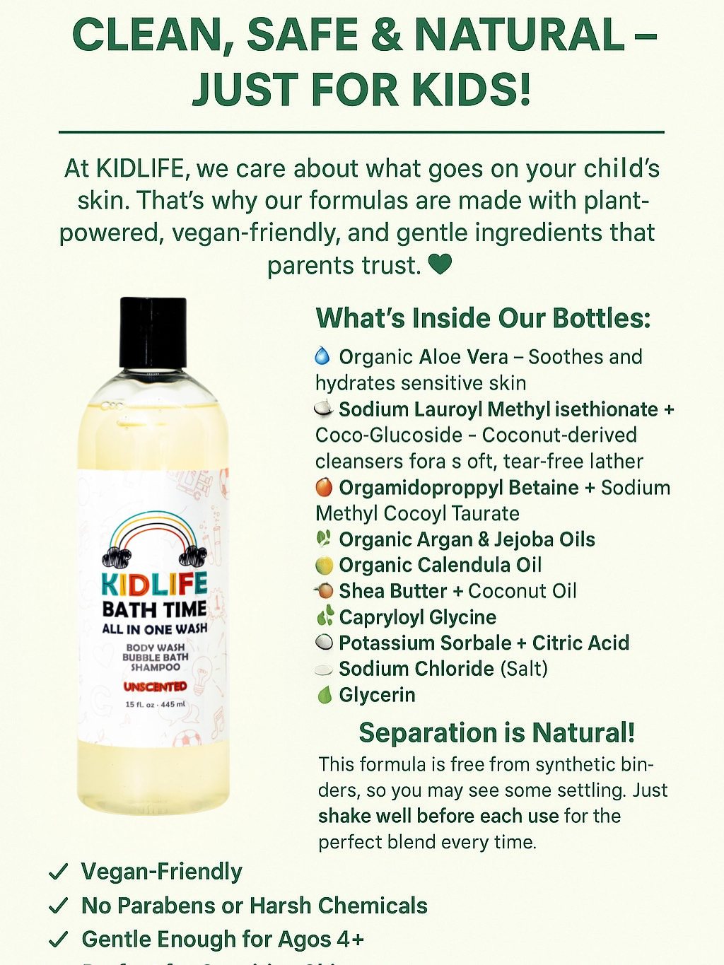 Kidlife Natural Bath Time 3 In 1 Shea & Organic Aloe Body Wash- Herbal Unscented  15 Oz. Kids Head to Toe All in one Bath and body Soap. Bubble Bath, Bodywash and Shampoo