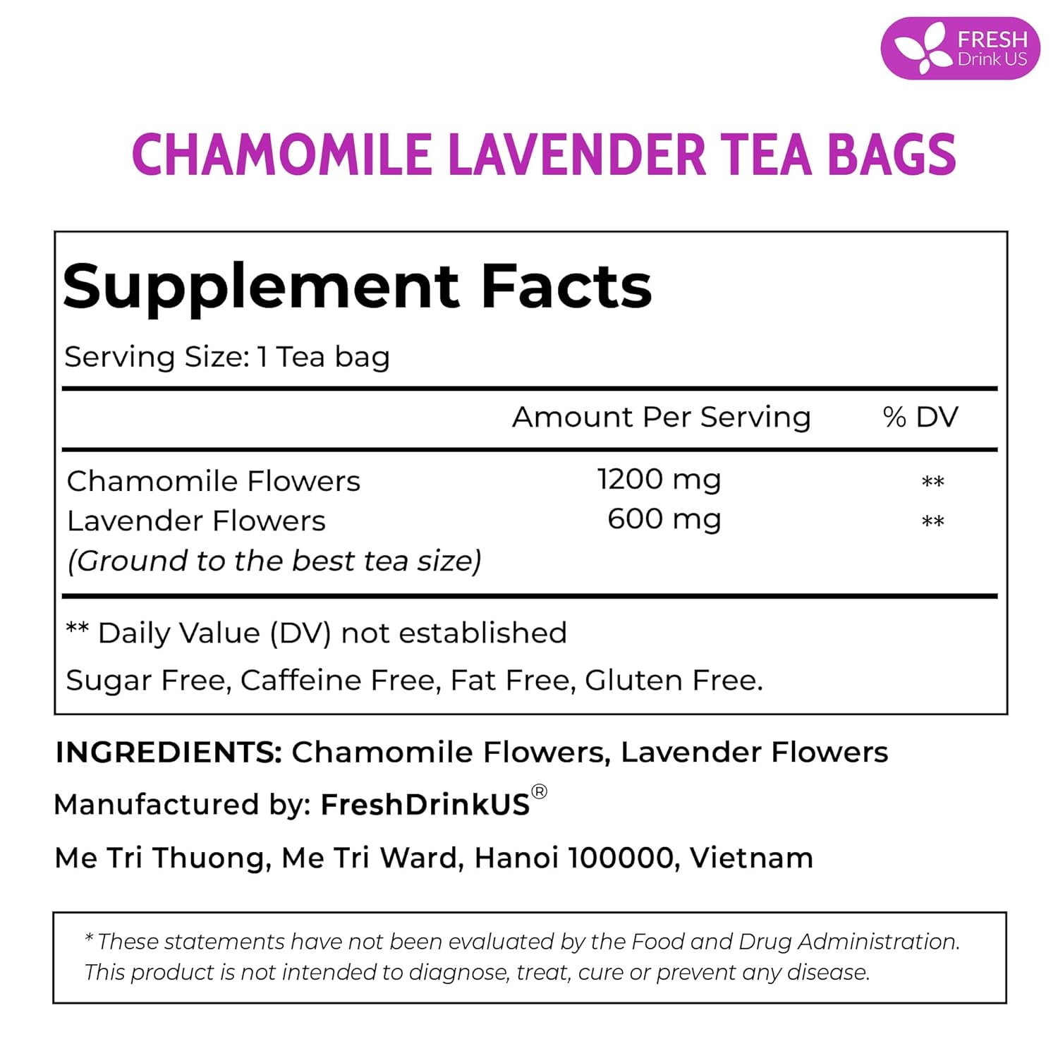 Premium Chamomile Lavender Tea Bags, Eco-conscious Tea Bags. No Sugar, No Caffeine, No Gluten, Vegan.
