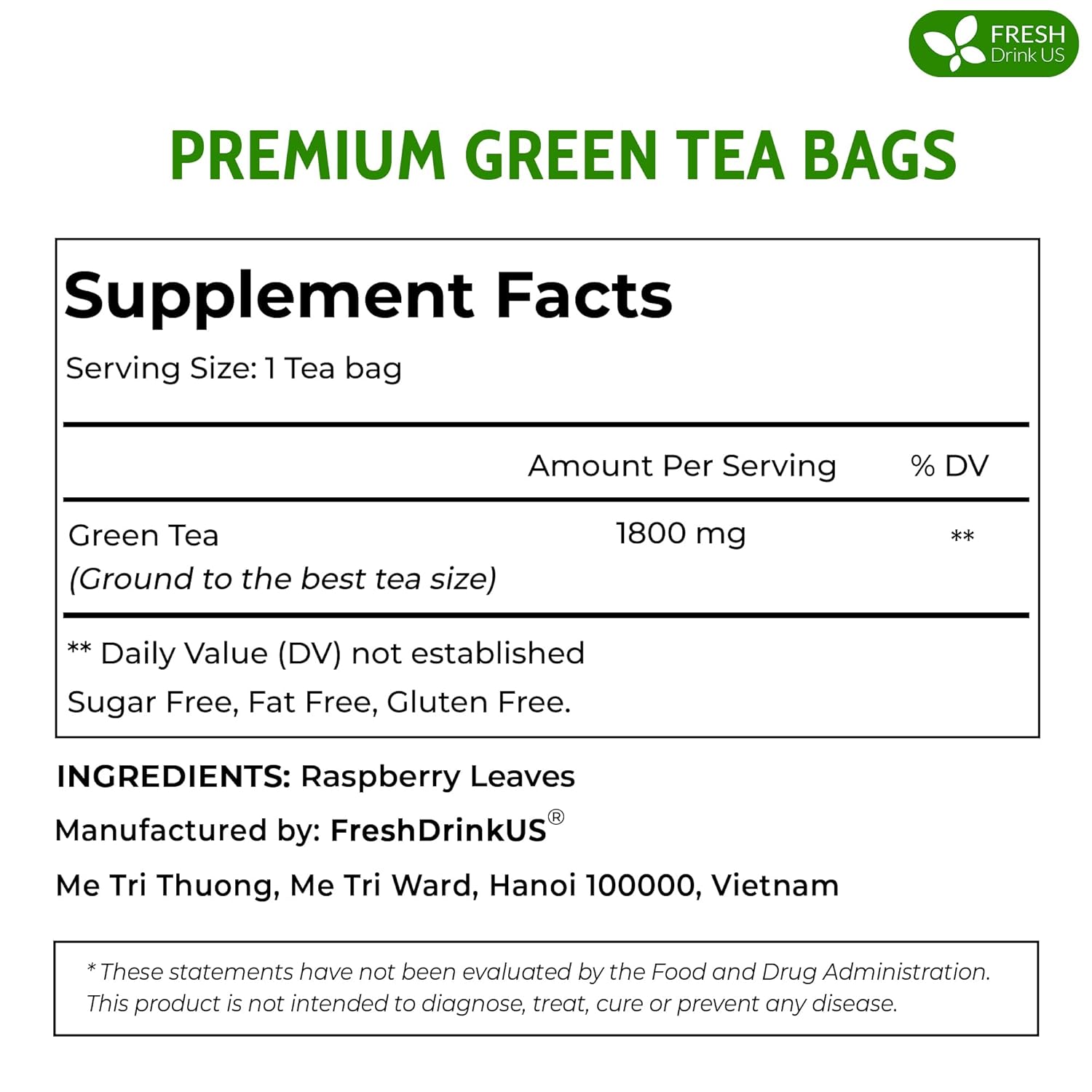 Premium Green Tea Bags, 100% Natural & Pure from Green Tea. Green Herbal Tea. No Sugar, No Gluten, Vegan