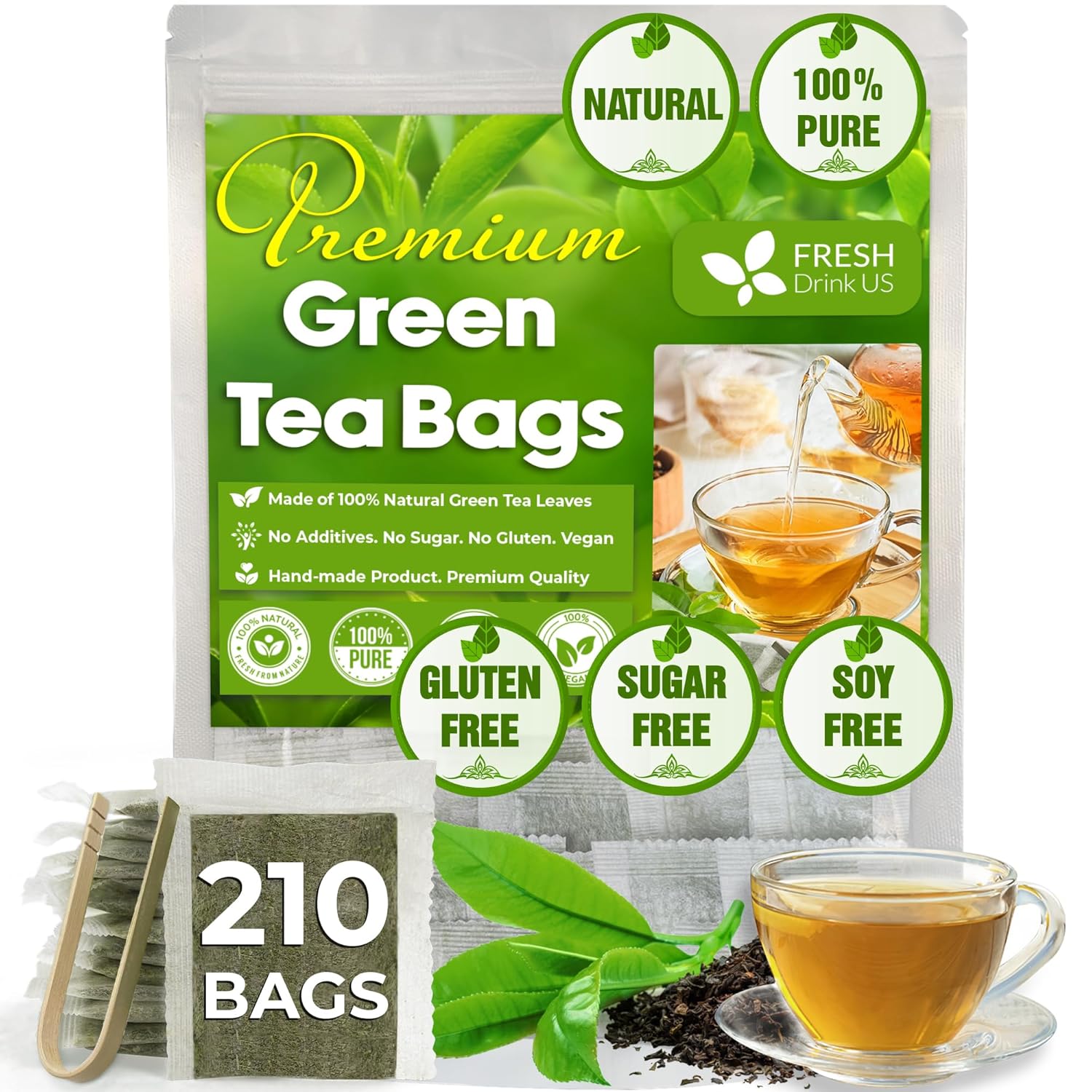 Premium Green Tea Bags, 100% Natural & Pure from Green Tea. Green Herbal Tea. No Sugar, No Gluten, Vegan