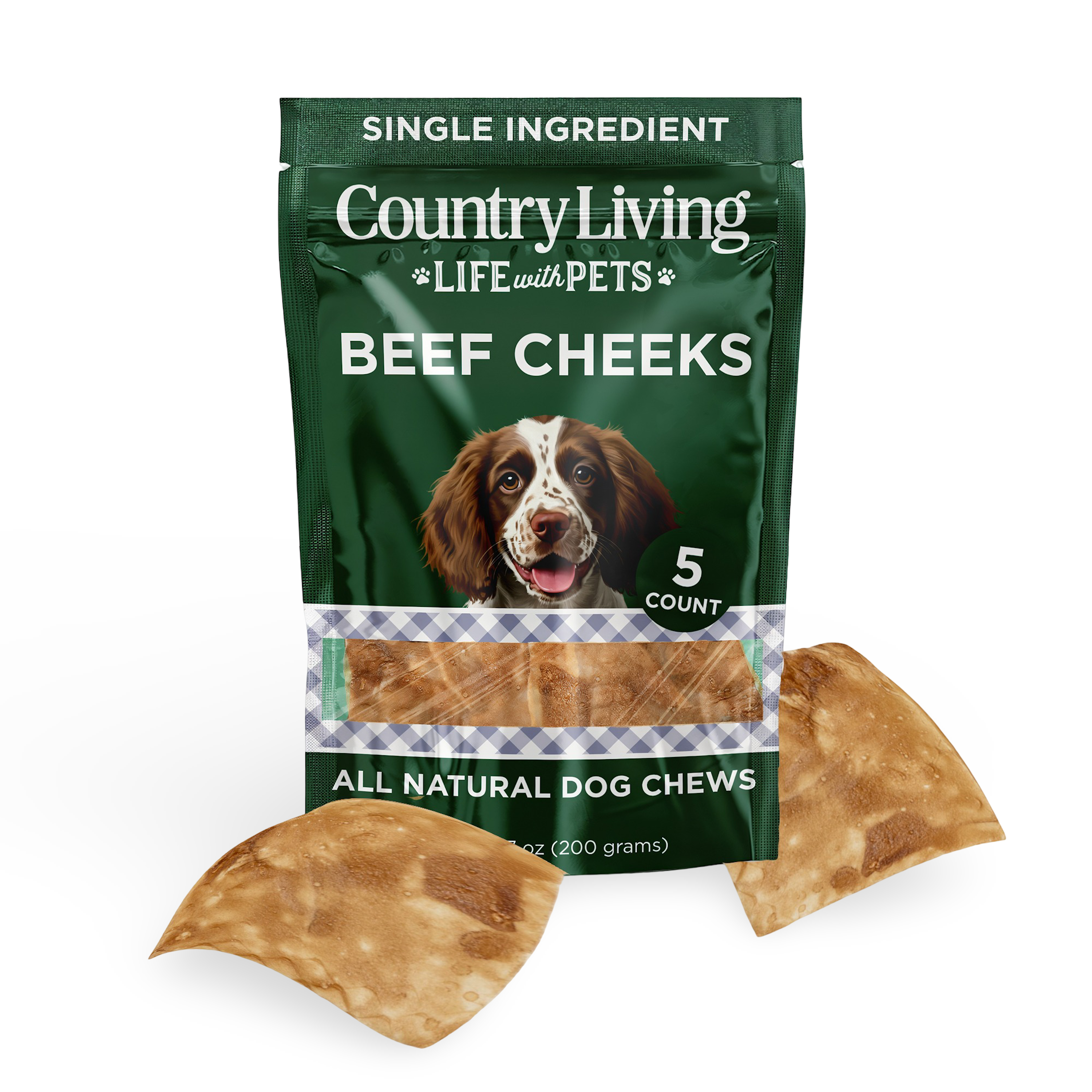 Country Living 4” x 4” Beef Cheek Chip Dog Treats – Chicken Flavor – 5 Count Bag – All-Natural, High-Protein, Long-Lasting Dog Chews
