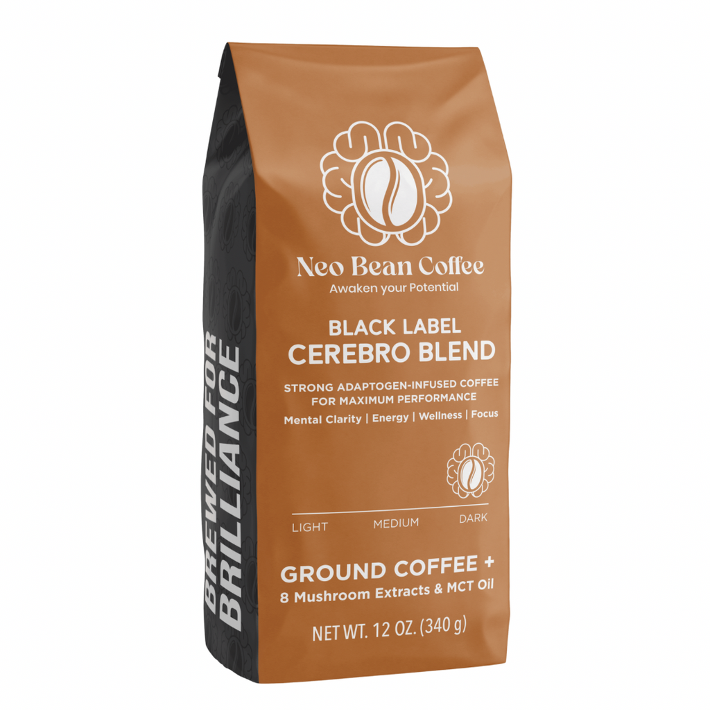 Neobean Black Label Cerebro Blend - Mushroom Coffee - Adaptogen Coffee with 8 Mushrooms & MCT Oil