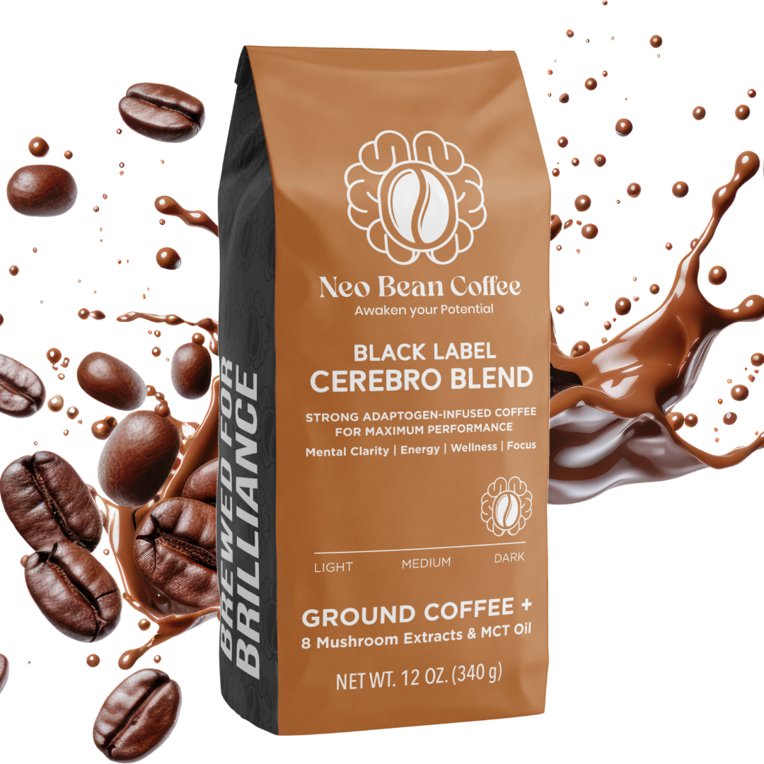 Neobean Black Label Cerebro Blend - Mushroom Coffee - Adaptogen Coffee with 8 Mushrooms & MCT Oil