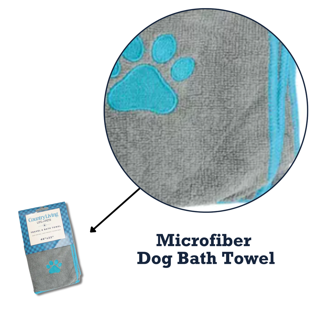 Country Living Large Gray Microfiber Dog Bath Towel with Teal Embroidered Paw Print