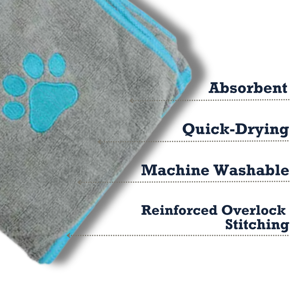 Country Living Large Gray Microfiber Dog Bath Towel with Teal Embroidered Paw Print