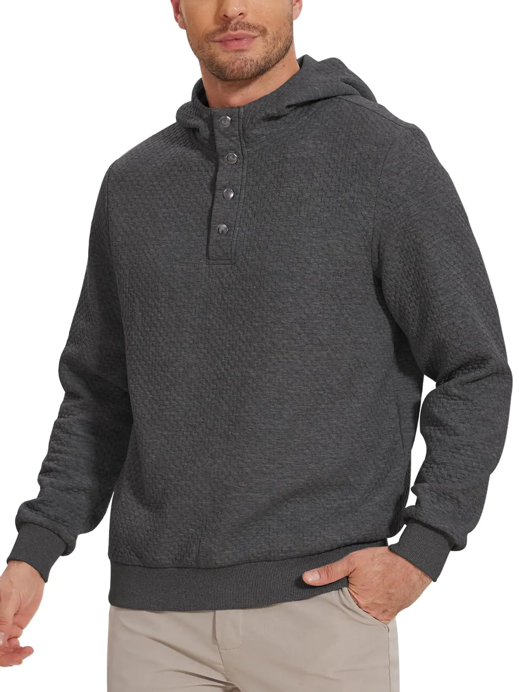 USEVER Hoodies for Men Quarter Button Sweatshirt Long Sleeve Mens Pullover Sweaters Quilted Essentials Hoodie Casual Cozy Fit Work Travel Golf Dark Grey 2XL