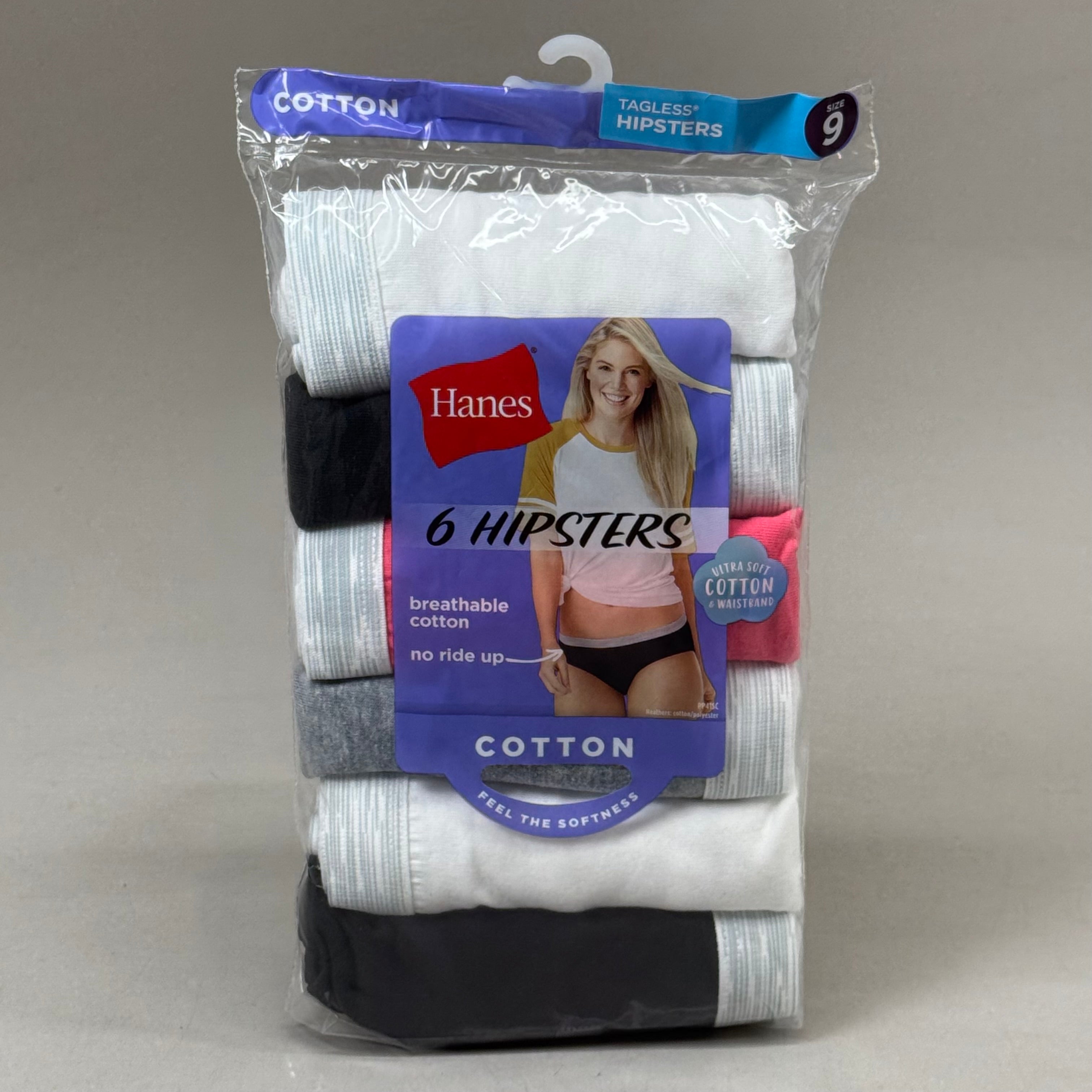 HANES (6 PACK!) Women's Hipster Cotton Underwear Sz-9 White/Black/Grey PP41SB