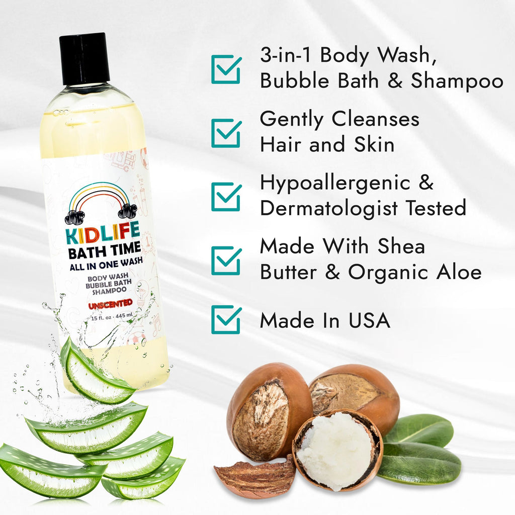 Kidlife Natural Bath Time 3 In 1 Shea & Organic Aloe Body Wash- Herbal Unscented  15 Oz. Kids Head to Toe All in one Bath and body Soap. Bubble Bath, Bodywash and Shampoo
