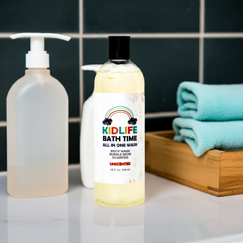 Kidlife Natural Bath Time 3 In 1 Shea & Organic Aloe Body Wash- Herbal Unscented  15 Oz. Kids Head to Toe All in one Bath and body Soap. Bubble Bath, Bodywash and Shampoo