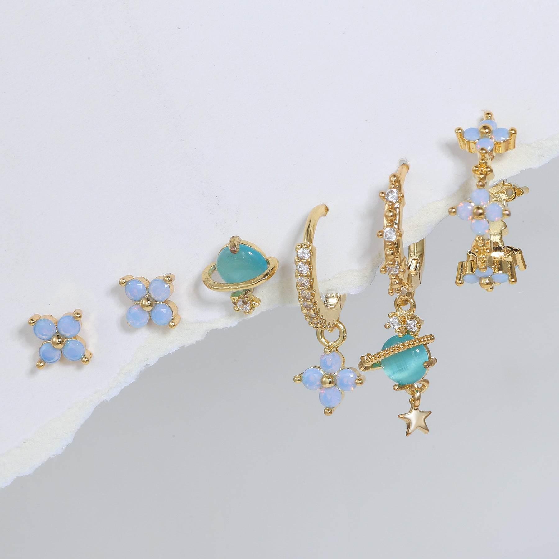 6 Pieces Blue Flower Pierced Earring Set with Zircon, 18k Gold Plated Ear Studs and Ear Drops, Women's Fashion Jewelry for Party Daily Stacked Lobe Earrings