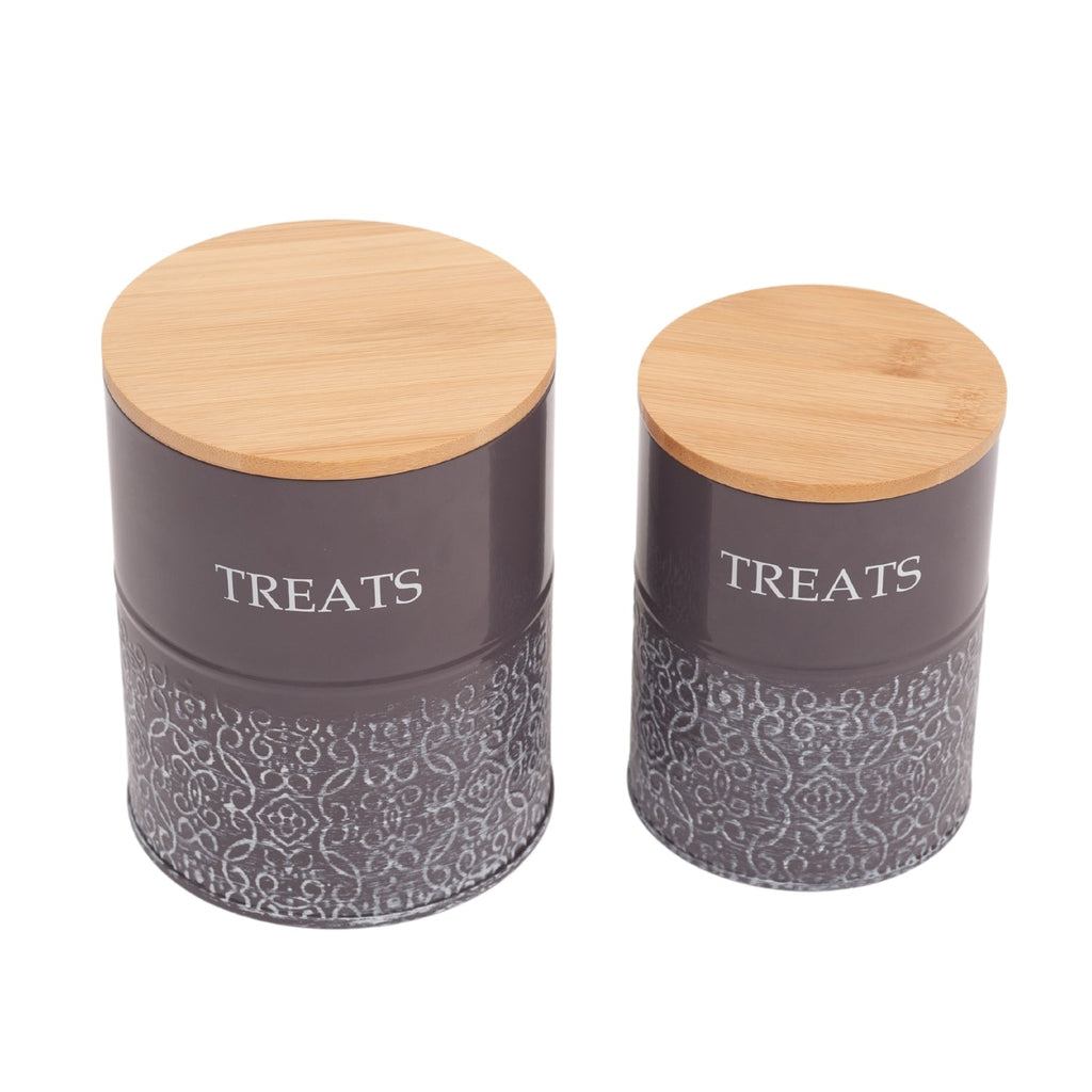 Country Living Dog Treat Canisters - Set of 2 Carbon Steel Jars with Bamboo Lids – Volcanic Gray