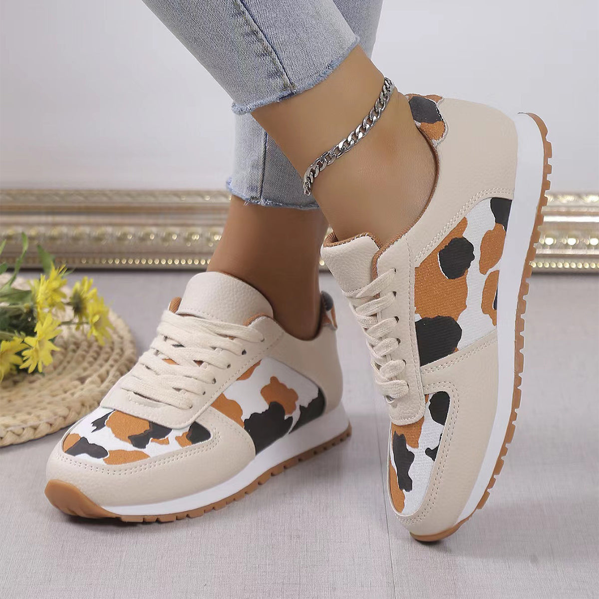 Women's Leopard Print Sneakers - Fashion Lace-Up PU Sports Shoes for Running/Walking (Non-Slip Rubber Sole, Breathable Mesh Lining)