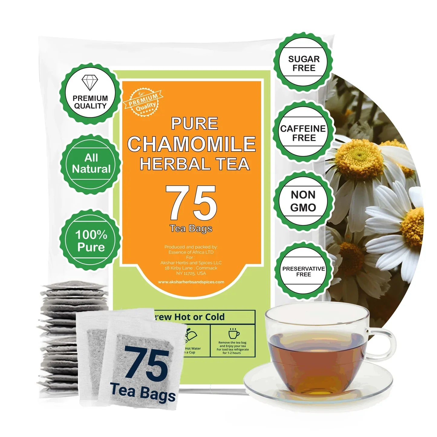 Akshit 75 Chamomile Tea Bags, 100%Pure Natural Chamomile Flowers, Calm Sleep Tea, Caffeine Free, Relaxing Tea, Non-GMO.