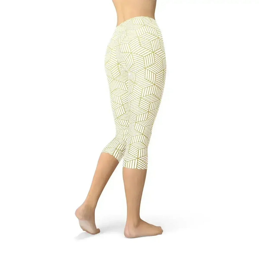 Womens White Capri Leggings w/ Geometric Cubes