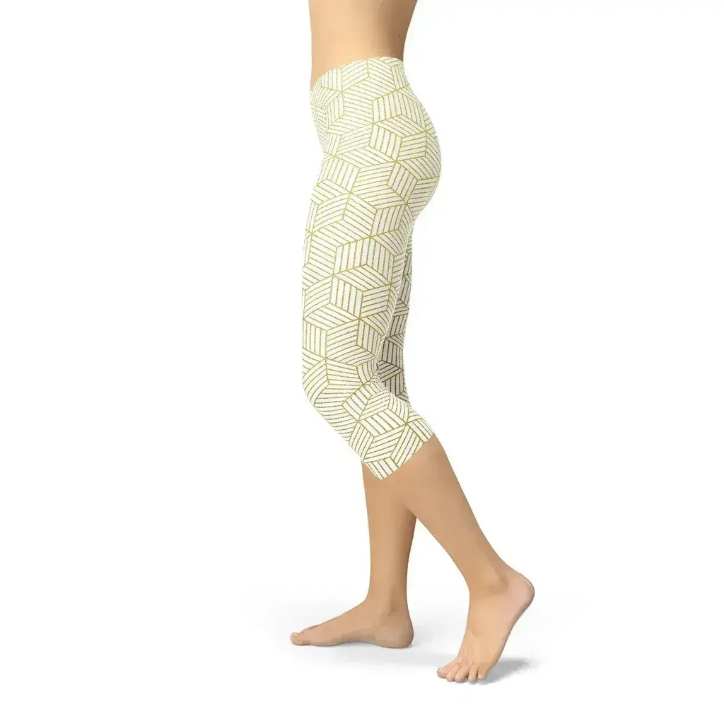 Womens White Capri Leggings w/ Geometric Cubes
