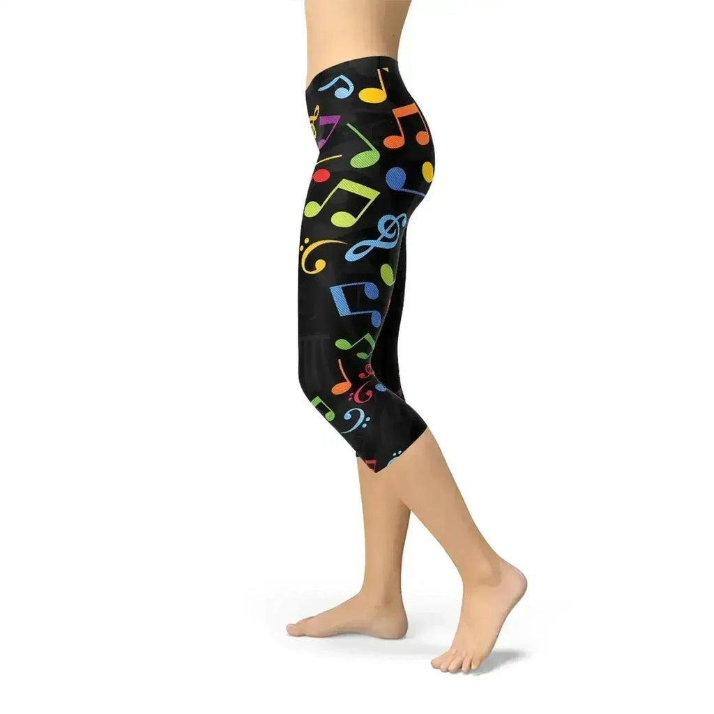 Womens Colorful Music Notes Capri Leggings