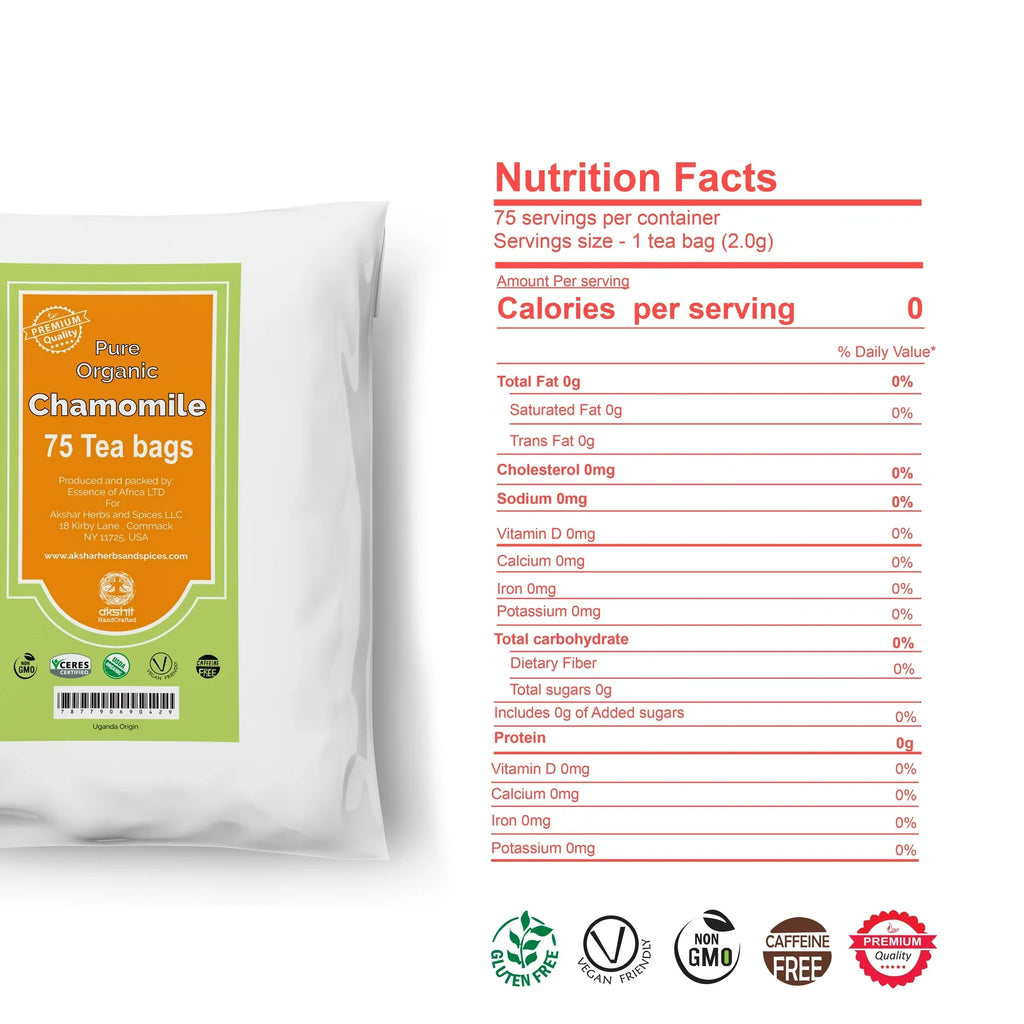 Akshit 75 Chamomile Tea Bags, 100%Pure Natural Chamomile Flowers, Calm Sleep Tea, Caffeine Free, Relaxing Tea, Non-GMO.