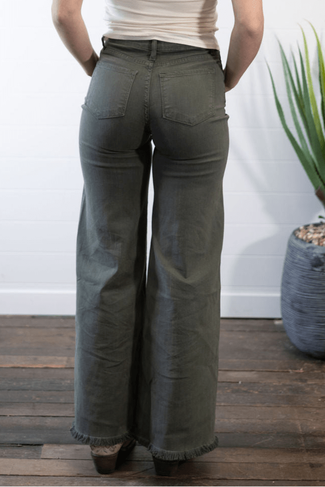 O2 Front Seam Wide Leg Denim Jeans - Olive