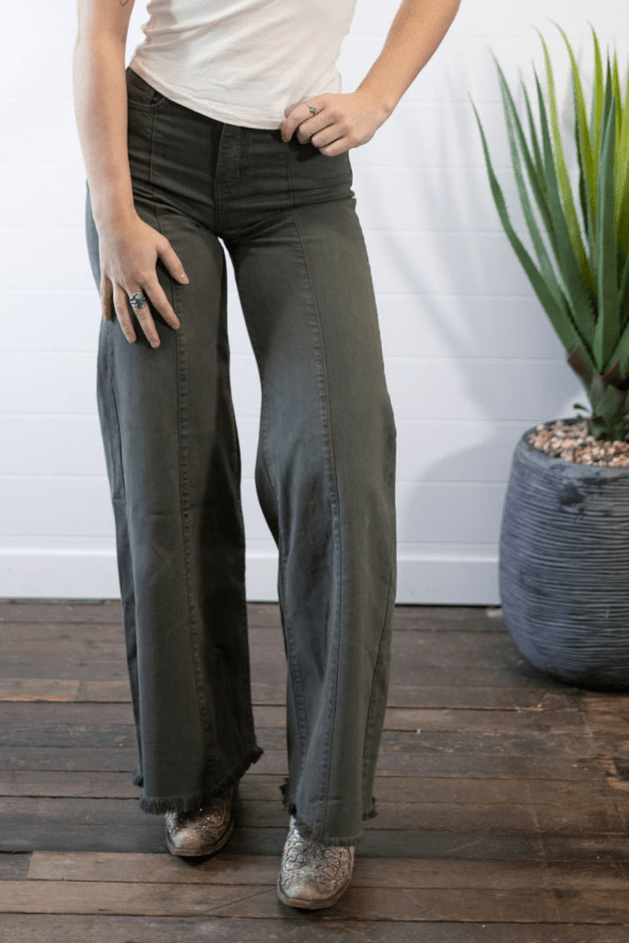 O2 Front Seam Wide Leg Denim Jeans - Olive