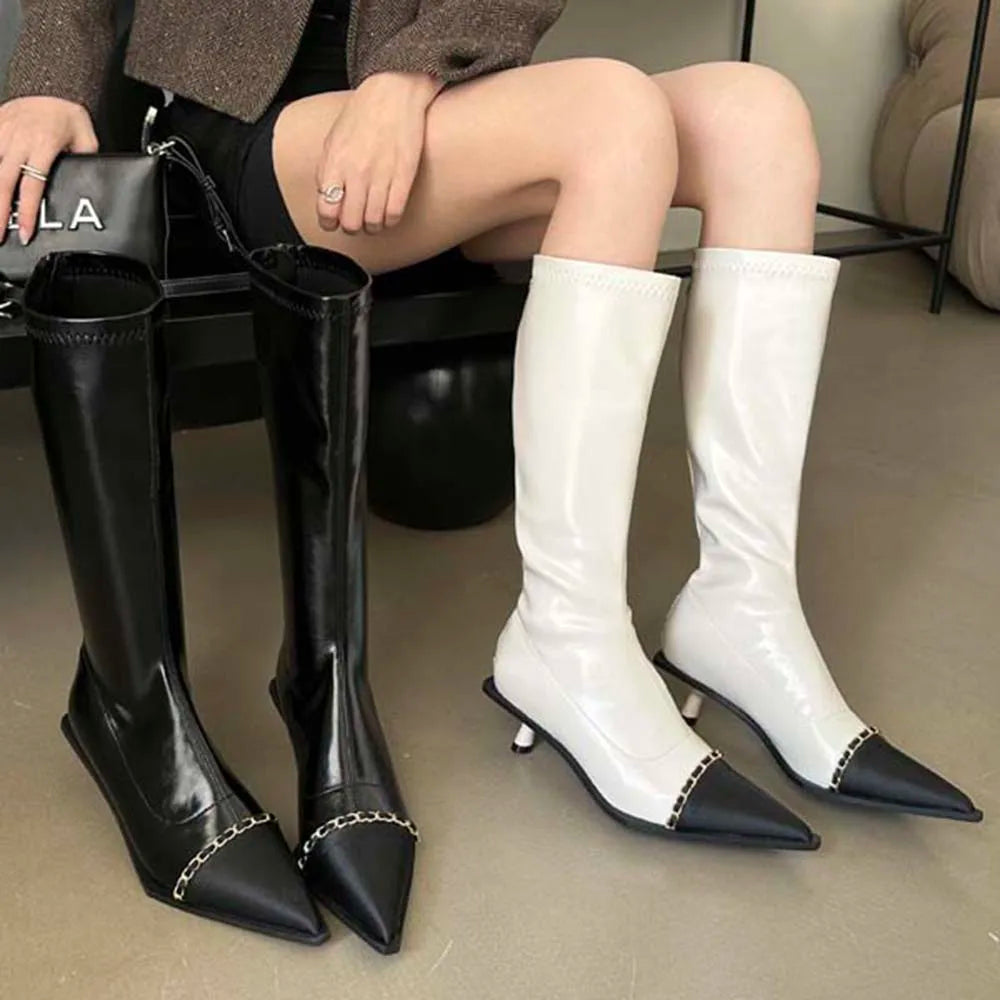 Pointed Toe Women Knee High Boots Black White Sock Booties Thin Mid Heels   New Arrivals Ladies Party Pumps Dress Shoes Woman